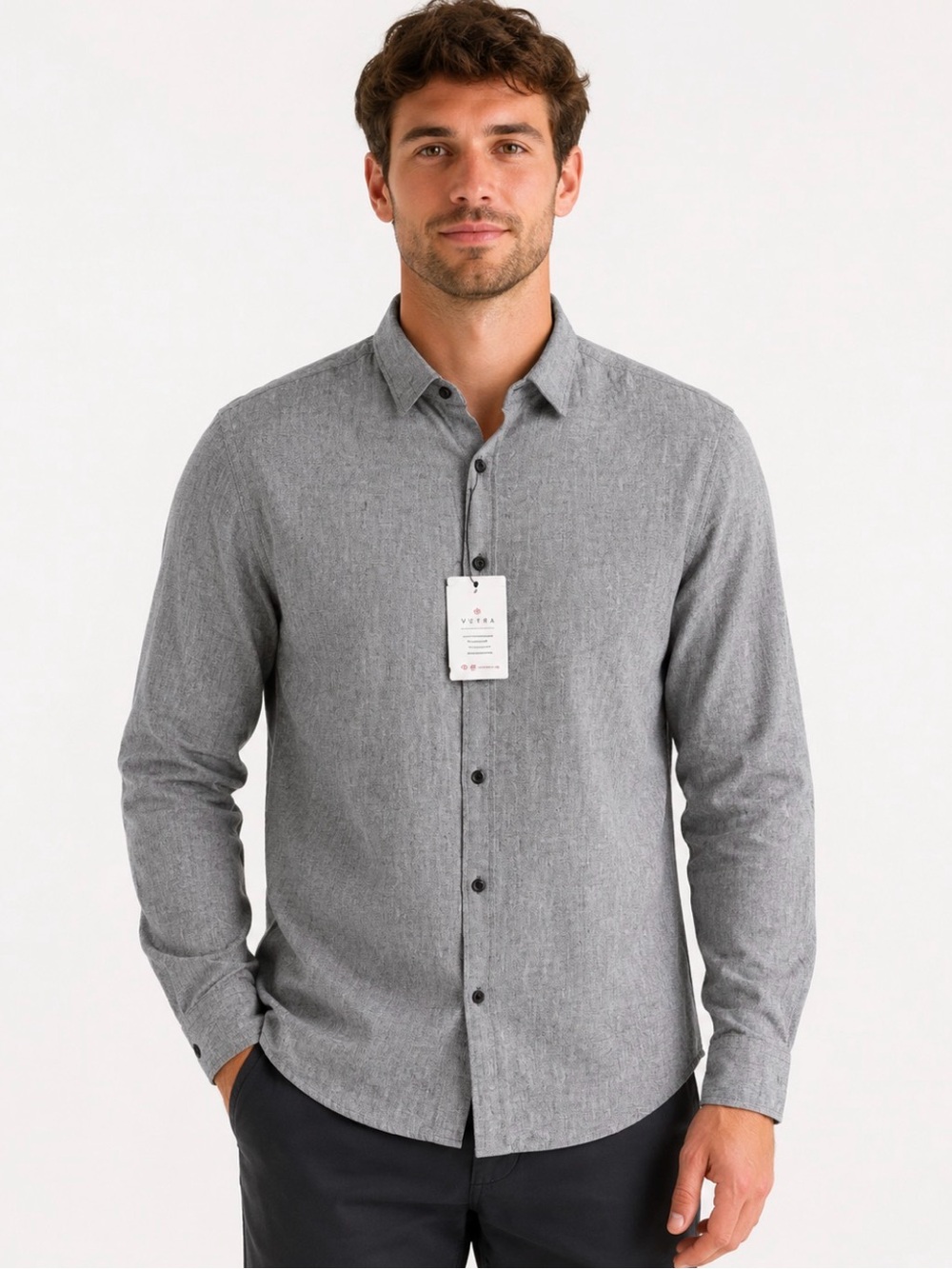 Vustra Mens XL Organic Cotton Linen Button Front Shirt Gray Long Sleeve NWT